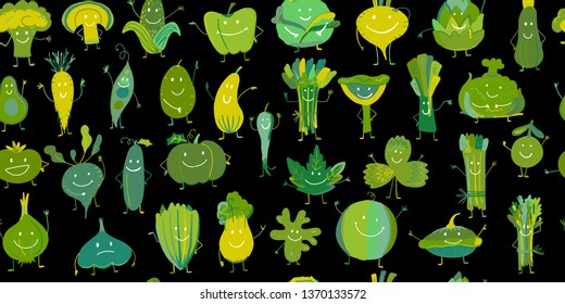Funny smiling vegetables and greens, characters for your design. Seamless pattern
