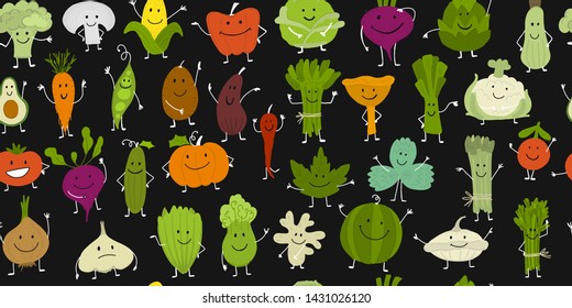 Funny smiling vegetables and greens, characters for your design. Seamless pattern