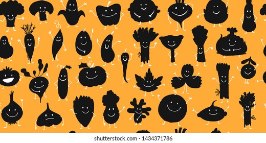 Funny smiling vegetables and greens, characters for your design. Seamless pattern