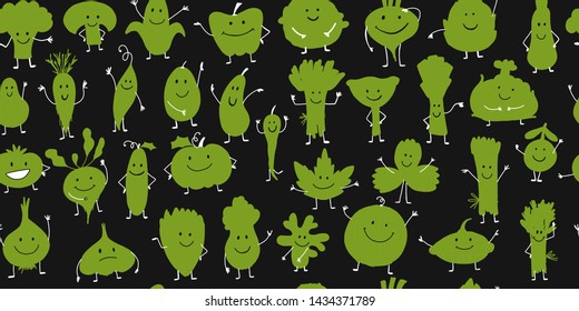 Funny smiling vegetables and greens, characters for your design. Seamless pattern