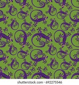 Funny smiling violet lizards on green background