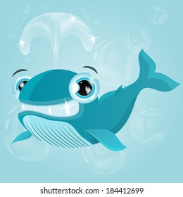 Funny smiling whale on  background of bubbles