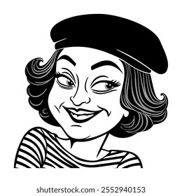 Funny smiling woman in beret and striped top. Black and white vector isolated illustration.