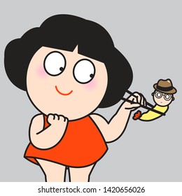 Funny Smiling Woman Eating Her Crispy Boyfriend Lover Tempura With Chopsticks Concept Card Character illustration