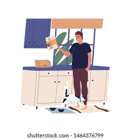 Funny smiling young man feeding cat. Happy cute boy holding food for his domestic animal. Smiling guy and his pet at home. Daily life or everyday routine. Flat cartoon colorful vector illustration.