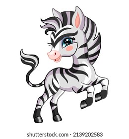 Funny smiling zebra character. Cute african animal in cartoon style. Vector illustration isolated on white background. For card, poster,design, stickers, room decor, t-shirt, kids apparel.
