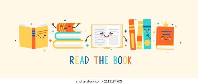 Funny smilng books characters.Read the book concept,close and open books in different positions.Knowledge,learning,education,relax and enjoy concept design for librares,bookstores.Vector illustration.