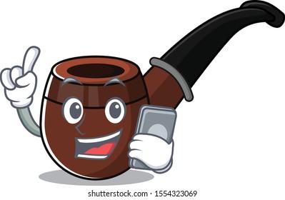 Funny smoke pipe in with holding phone cartoon character
