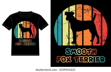 Lustige Smooth Fox Terrier Retro Vintage Sunset T-Shirt Design-Vorlage, Smooth Fox Terrier Board, Autofenster Aufkleber, POD, Abdeckung, Einzeln weißer Hintergrund, Silhouette Geschenk für Smooth Fox Terrier Lover