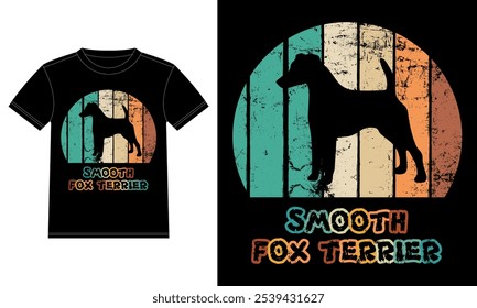 Lustige Smooth Fox Terrier Retro Vintage Sunset T-Shirt Design-Vorlage, Smooth Fox Terrier Board, Autofenster Aufkleber, POD, Abdeckung, Einzeln weißer Hintergrund, Silhouette Geschenk für Smooth Fox Terrier Lover