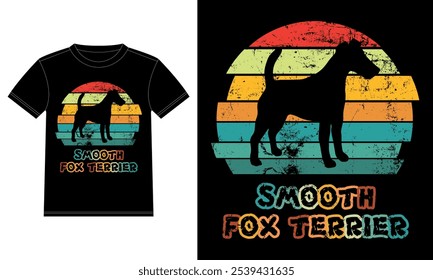 Lustige Smooth Fox Terrier Retro Vintage Sunset T-Shirt Design-Vorlage, Smooth Fox Terrier Board, Autofenster Aufkleber, POD, Abdeckung, Einzeln weißer Hintergrund, Silhouette Geschenk für Smooth Fox Terrier Lover