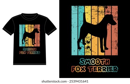 Lustige Smooth Fox Terrier Retro Vintage Sunset T-Shirt Design-Vorlage, Smooth Fox Terrier Board, Autofenster Aufkleber, POD, Abdeckung, Einzeln weißer Hintergrund, Silhouette Geschenk für Smooth Fox Terrier Lover