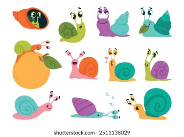 Un caracol gracioso. Los caracoles de dibujos animados se ríen llorando, comiendo, durmiendo y amando. Insectos de concha, criaturas del bosque o del jardín, mascotas infantiles con clase conjunto de Vector