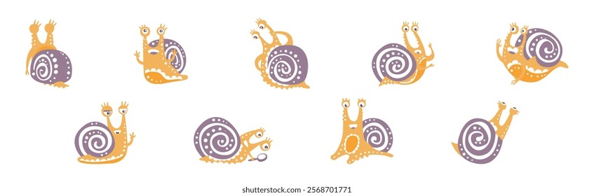 Funny Snail Character with Cute Snout and Coil Vector Set