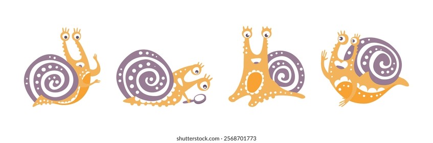 Funny Snail Character with Cute Snout and Coil Vector Set