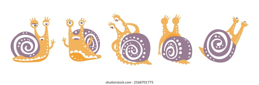 Funny Snail Character with Cute Snout and Coil Vector Set