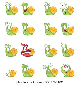 Funny snail emoticons set. Collection of stickers with cartoon snails isolated on a white background. Vector illustration.