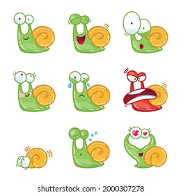 Funny snail emotions set. Collection of stickers with cartoon snails isolated on a white background. Vector illustration.
