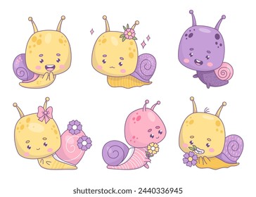 Funny snail kawaii character collection. Isolated cute insect with flower on white background. Cool vector illustration. Kids collection