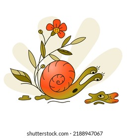 Funny snail looks at the reflection in a puddle