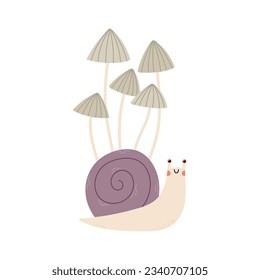 Funny snail and mushrooms. Children s cartoon print, for printing on clothes, postcards.