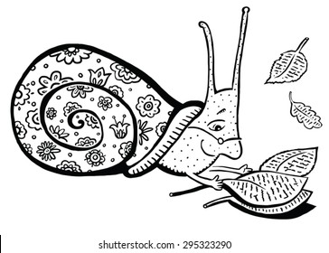 Funny snail reading a book on the leaves of a tree. black-and-white