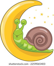 Funny snail resting on the moon. Vector