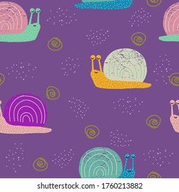 Funny snail seamless pattern. Childish print. Vector hand drawn illustration.