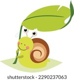 Funny snail sheltering from rain under green leaf
