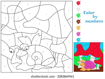 A funny snail sits under the mushrooms. We paint by numbers. Coloring book. An educational puzzle game for children.