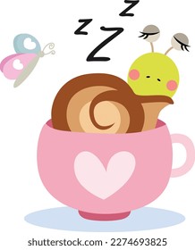 Funny snail sleeping inside the teacup