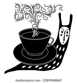 Funny snail with a steaming cup of coffee or tea on its back. Cute beverage design. Black and white silhouette.