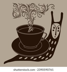 Funny snail with a steaming cup of coffee or tea on its back. Cute beverage design. Monochrome beige and brown silhouette.