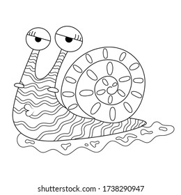 Funny snail vector illustration cartoon isolated on white background. Snail with mucus vector cartoon. Cute snail cartoon colorless for coloring page. 