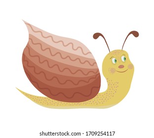 Funny snail vector illustration. Cute cartoon style image. Smiling character isolated on white. Design for kids