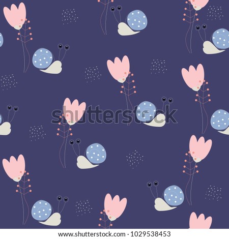 Funny snail and wildflowers seamless pattern. Vector hand drawn illustration.