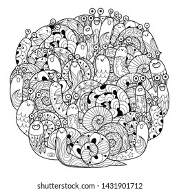 Funny snails circle shape coloring page for adults and kids. Vector illustration