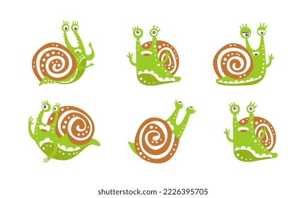 Funny snails with different emotions. Cute gastropod animals cartoon vector illustration