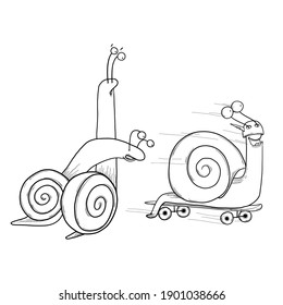 Funny snails are watching the snail racer. Vector illustration for design or textile print