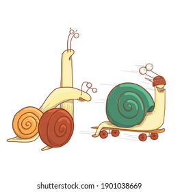 Funny snails are watching the snail racer. Vector illustration for design or textile print