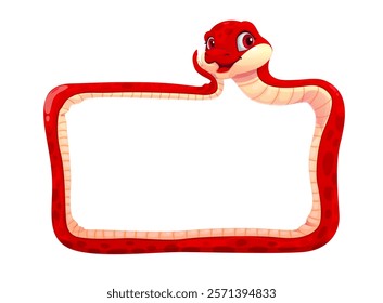 Funny snake character frame. Chinese lunar new year cartoon cute reptile with banner. Vector red serpent zodiac animal coiled into a rectangular border for festive CNY greetings or party decorations