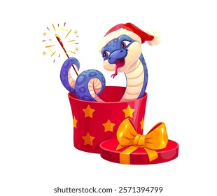 Funny snake character with gift box and firework. Chinese Lunar New Year cartoon reptile 2025 Zodiac animal wearing Santa hat sitting in red gift box with a gold bow. Surprise for the Cny celebration