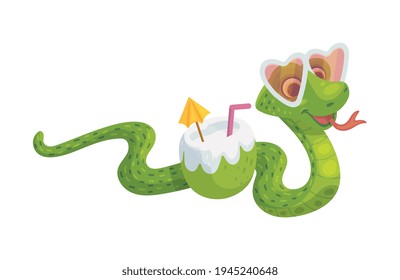 Funny snake character on summer vacation, flat vector illustration isolated.