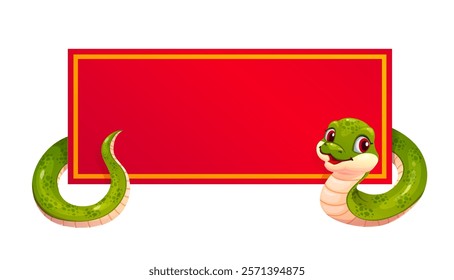 Funny snake character with rectangle banner. Green cartoon vector reptile wrapping around red rectangular frame, radiates joy and symbolizes prosperity for Chinese lunar new year 2025 celebrations