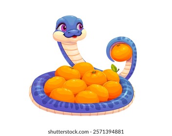 Funny snake character with tangerine and mandarin fruits. Cute cartoon blue reptile curled beside a pile of citrus fruits, holding one in its tail, symbolize prosperity for 2025 Chinese Lunar New Year