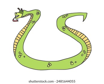 funny snake doodle character wild animal green color. vector stock image
