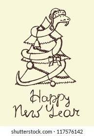 Funny snake embracing the New Year tree, vector postcard