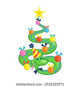 Funny snake in festive hat with glass balls - symbol of Chinese New Year. New Year tree. Greeting card 2025 in cartoon style. Isolated on white background. Vector illustration.