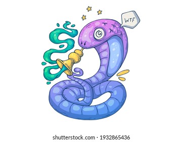A funny snake with a hypnotizing pipe. Creative cartoon illustration. Picture for print, advertising, applications and T-shirt print.