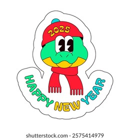 Funny snake knitted winter clothes with wish Happy 2025 New Year. New Year velcro for sticker pack or gift card in old style of 2000. Cartoon Y2K retro sticker on white background